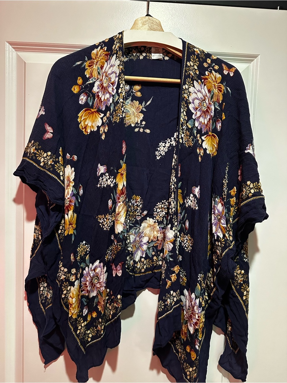 Nine West Navy Floral Kimono with Yellow and Pink Blooms